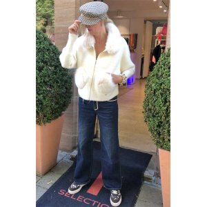 PHO Firenze Damen Jacke 4324018 – Elegante Strickjacke mit Fell-Details L