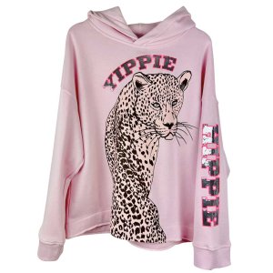 YIPPIE HIPPIE Damen Hoodie W50-509 – Rosa mit Leoparden-Print und Logo-Details L