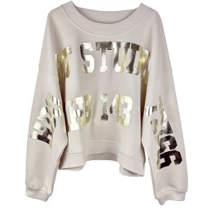 YIPPIE HIPPIE Damen Sweatshirt W50-537 – Creme mit Oversized-Schnitt und Metallic-Print in Gold L