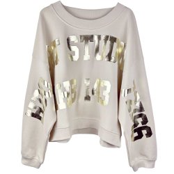YIPPIE HIPPIE Damen Sweatshirt W50-537 – Creme mit Oversized-Schnitt und Metallic-Print in Gold L