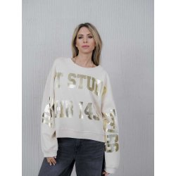 YIPPIE HIPPIE Damen Sweatshirt W50-537 – Creme mit Oversized-Schnitt und Metallic-Print in Gold L