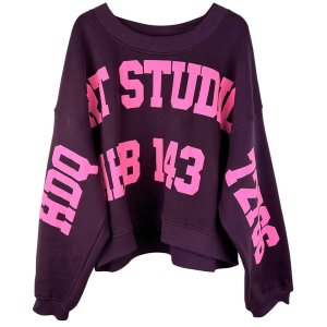 YIPPIE HIPPIE Damen Sweatshirt W50-518 – Violett mit Oversized-Schnitt und pinkem Statement-Print L
