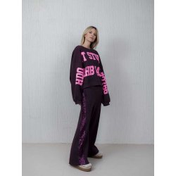 YIPPIE HIPPIE Damen Sweatshirt W50-518 – Violett mit Oversized-Schnitt und pinkem Statement-Print L