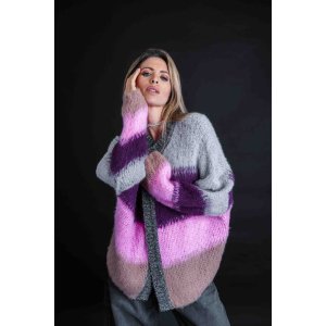 YIPPIE HIPPIE Damen Strickcardigan – Grau, Pink & Lila im Colorblock-Design ohne Verschluss