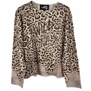YIPPIE HIPPIE Damen Pullover W50-402 – Animal-Print in Beige/Braun mit Statement „WILD ONES“