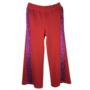 YIPPIE HIPPIE Damen Hose W50-612 – Rot mit seitlichen Glitzerstreifen und weitem Bein S
