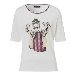 TUZZI Damen T-Shirt 423452-559 – Print-Shirt mit Strassdetails in Weiß 38