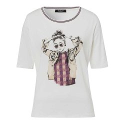 TUZZI Damen T-Shirt 423452-559 – Print-Shirt mit Strassdetails in Weiß 38