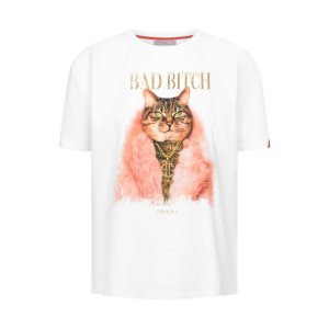FRIEDA & FREDDIES Damen T-Shirt 5220-10 – Weiß mit Cat-Print und goldener Schrift „BAD BITCH“ 38