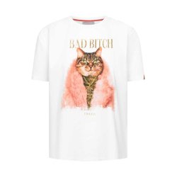 FRIEDA & FREDDIES Damen T-Shirt 5220-10 – Weiß mit Cat-Print und goldener Schrift „BAD BITCH“ 38