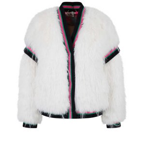 SPORTALM Damen Jacke 010255-0001 – Flauschige V-Neck Jacke in Weiß mit Kontraststreifen 42