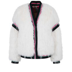 SPORTALM Damen Jacke 010255-0001 – Flauschige V-Neck Jacke in Weiß mit Kontraststreifen 42