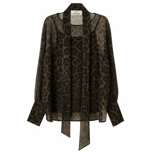 KAOS Damen Bluse RIJGX013 – Transparente Leo-Bluse mit Bindeschleife