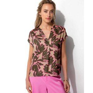 CATNOIR Damen Bluse 261-2530-2 – Leicht fallende Kurzarmbluse mit floralem Print in Pink & Olive