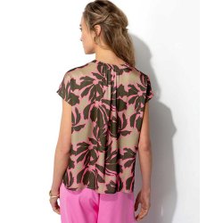 CATNOIR Damen Bluse 261-2530-2 – Leicht fallende Kurzarmbluse mit floralem Print in Pink & Olive 36