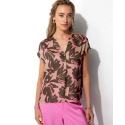 CATNOIR Damen Bluse 261-2530-2 – Leicht fallende Kurzarmbluse mit floralem Print in Pink & Olive 40