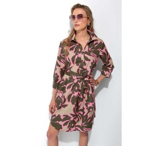 CATNOIR Damen Kleid 261-3632-2 – Hemdblusenkleid mit floralem Pink-Olive Print & Bindegürtel