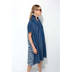 CATNOIR Damen Kleid 261-3183-3 – Jeanskleid mit Leopard-Print Rückenpartie & Halbknopfleiste