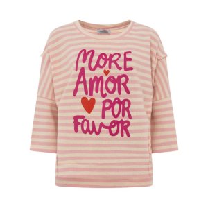 ZWILLINGSHERZ Damen Shirt 2019AAW‑022 – Gestreiftes Oversize‑Shirt mit „MORE AMOR POR FAVOR“ Print
