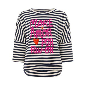 ZWILLINGSHERZ Damen Shirt 2019AAW‑019 – Gestreiftes Oversize‑Shirt mit „MORE AMOR POR FAVOR“ Print