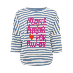 ZWILLINGSHERZ Damen Shirt 2019AAW‑008 – Gestreiftes Oversize‑Shirt mit „MORE AMOR POR FAVOR“ Print