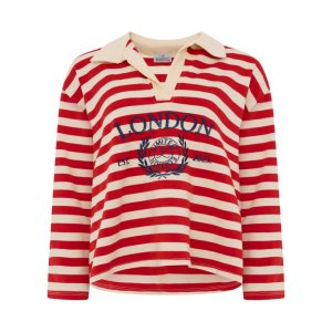 ZWILLINGSHERZ Damen Shirt 2016AAO_015 – Gestreiftes Langarmshirt mit London‑Print aus 100% Baumwolle