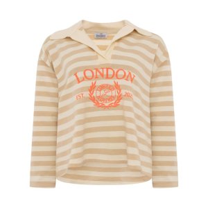 ZWILLINGSHERZ Damen Shirt 2016AAO_029 – Gestreiftes Langarmshirt mit London‑Print in Beige/Creme