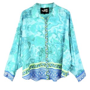 YIPPIE HIPPIE Damen Bluse S52‑200 – Leicht fallende Boho‑Bluse in Türkis mit floralem Print & dekorativen Bordüren S