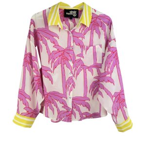 YIPPIE HIPPIE Damen Bluse S52‑202 – Sommerbluse mit pinkem Palmen‑Print & gelben Streifendetails