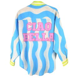 YIPPIE HIPPIE Damen Bluse S52‑211 – Oversize Sommerbluse mit Wellen‑Print & „CIAO BELLA“ Rückenprint M