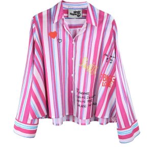 YIPPIE HIPPIE Damen Bluse S52‑213 – Sommerbluse mit buntem Streifen‑Print & Statement‑Details