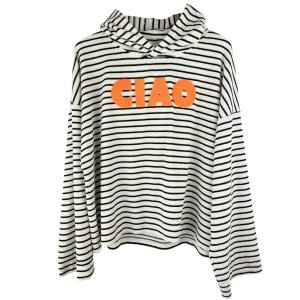 YIPPIE HIPPIE Damen Hoodie S52‑521 – Gestreifter Frottee‑Hoodie mit „CIAO“ Chenille‑Patch