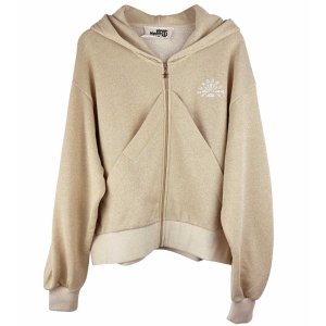 YIPPIE HIPPIE Damen Sweat‑Jacke S52‑810 – Kapuzen‑Jacke in Beigegoldenem Lurexfaden und „SUN BEAM“ Rückenprint
