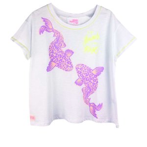 YIPPIE HIPPIE Damen T‑Shirt S52‑558 – Weißes Sommer‑Shirt mit Leoparden‑Fischen & neonfarbenem Print