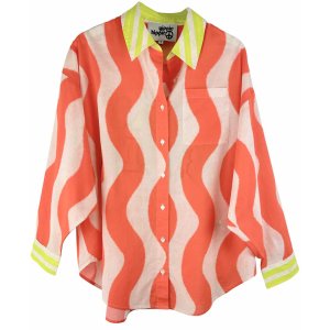 YIPPIE HIPPIE Damen Bluse S52‑210 – Oversize Bluse im Wellen‑Print mit „CIAO BELLA“ Rückenprint