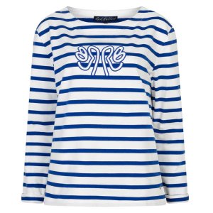 RED BUTTON Damen Longsleeve SRB4753 – Terry Stripe Long Sleeve in Weiß/Cobalt mit Logo‑Stickerei