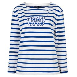 RED BUTTON Damen Longsleeve SRB4753 – Terry Stripe Long Sleeve in Weiß/Cobalt mit Logo‑Stickerei XL