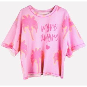 YIPPIE HIPPIE Damen Kurzarm‑Sweatshirt S52‑518 – „more amore“ Palm‑Print Sweat in Pink