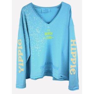 YIPPIE HIPPIE Damen Sweatshirt S52‑512 – „THE BEACH CLUB“ V‑Neck Sweat in Hellblau L