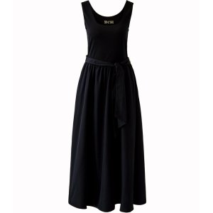 MISS LAGOTTE Damen Kleid 97018 – Ärmelloses Maxikleid mit Bindegürtel in Schwarz