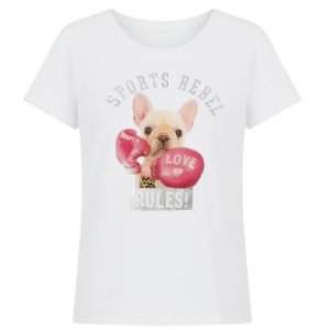 FRIEDA & FREDDIES Damen T‑Shirt 263281 – Weißes Shirt mit „Sports Rebel“ Hundeboxing-Print 42