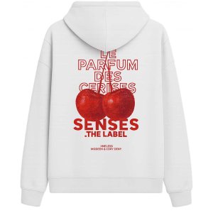 SENSES The Label Hoodie SE2603‑3455‑21 – „Cin Cin“ Kapuzenpullover in Optic White mit Kirsch‑Backprint L