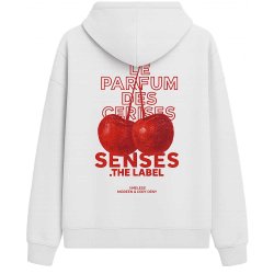 SENSES The Label Hoodie SE2603‑3455‑21 – „Cin Cin“ Kapuzenpullover in Optic White mit Kirsch‑Backprint L