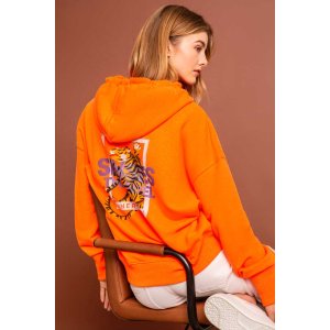 SENSES The Label Damen Hoodie SE2609‑3039‑21 – Oversize Hoodie „Glow Hour“ mit Tiger‑Print in Neon Orange