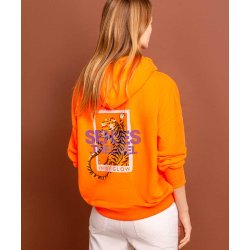 SENSES The Label Damen Hoodie SE2609‑3039‑21 – Oversize Hoodie „Glow Hour“ mit Tiger‑Print in Neon Orange