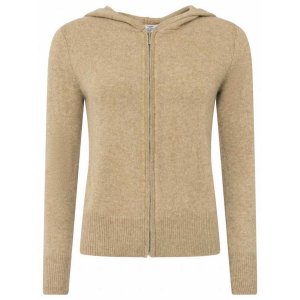 ZWILLINGSHERZ Damen Cardigan 6523-0 – Kaschmir Strickjacke mit Kapuze und Reißverschluss in Beige