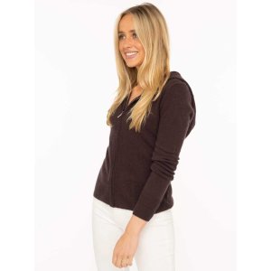 ZWILLINGSHERZ Damen Cardigan 6523-010 - Kaschmir Strickjacke mit Kapuze und Reißverschluss in Braun